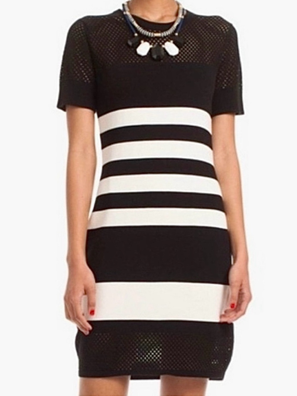 Trina Turk Black White Striped Mesh Knit Bodycon Dress Medium